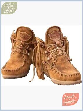 Vintage Fringed Ankle Boots, Lightweight Suede Mocc, Lace-Up